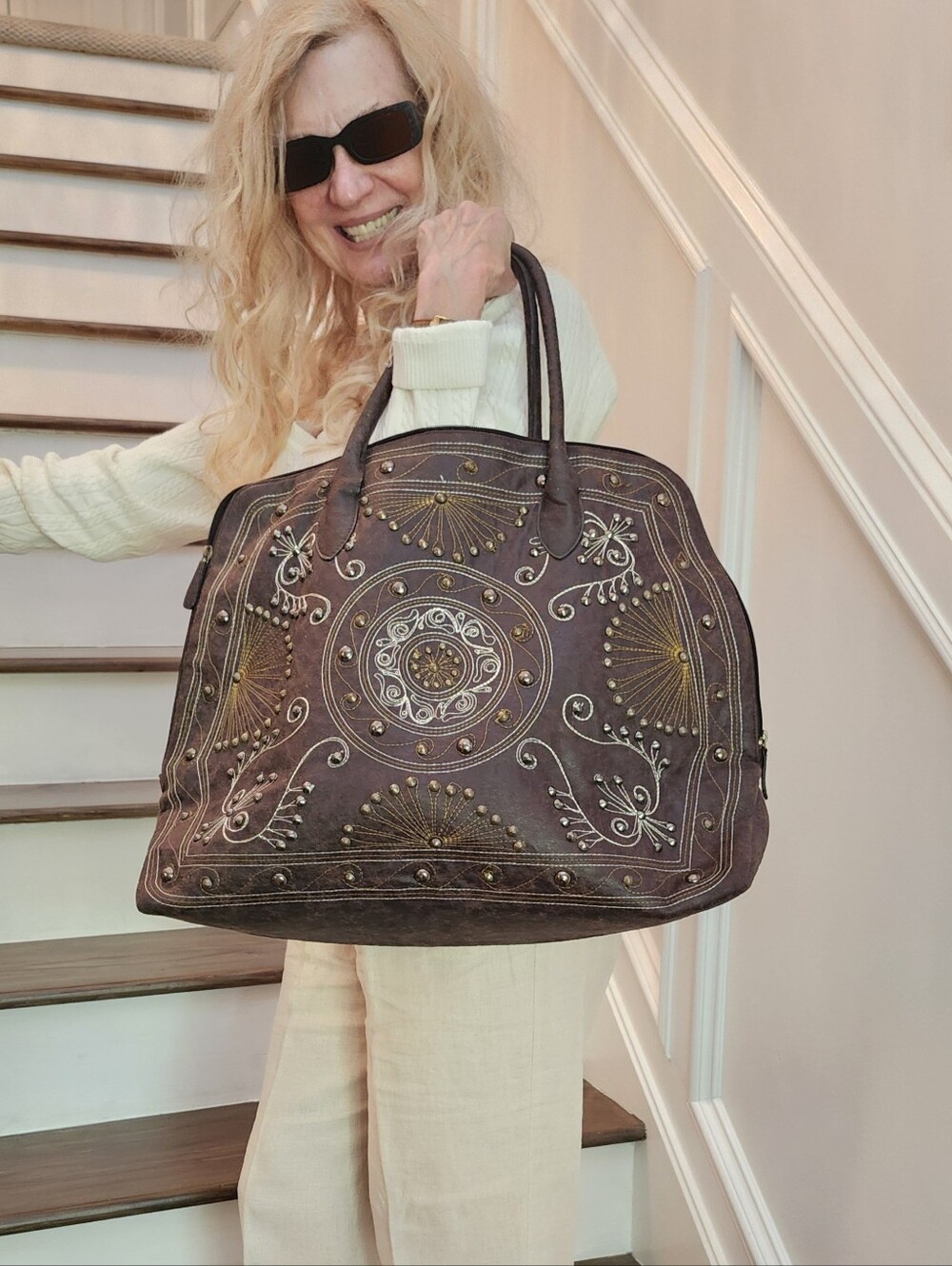 Hand Crafted Embroidered Brown Faux Leather Bohemian Style Large Tote Bag, $35 - Picture 10 of 11